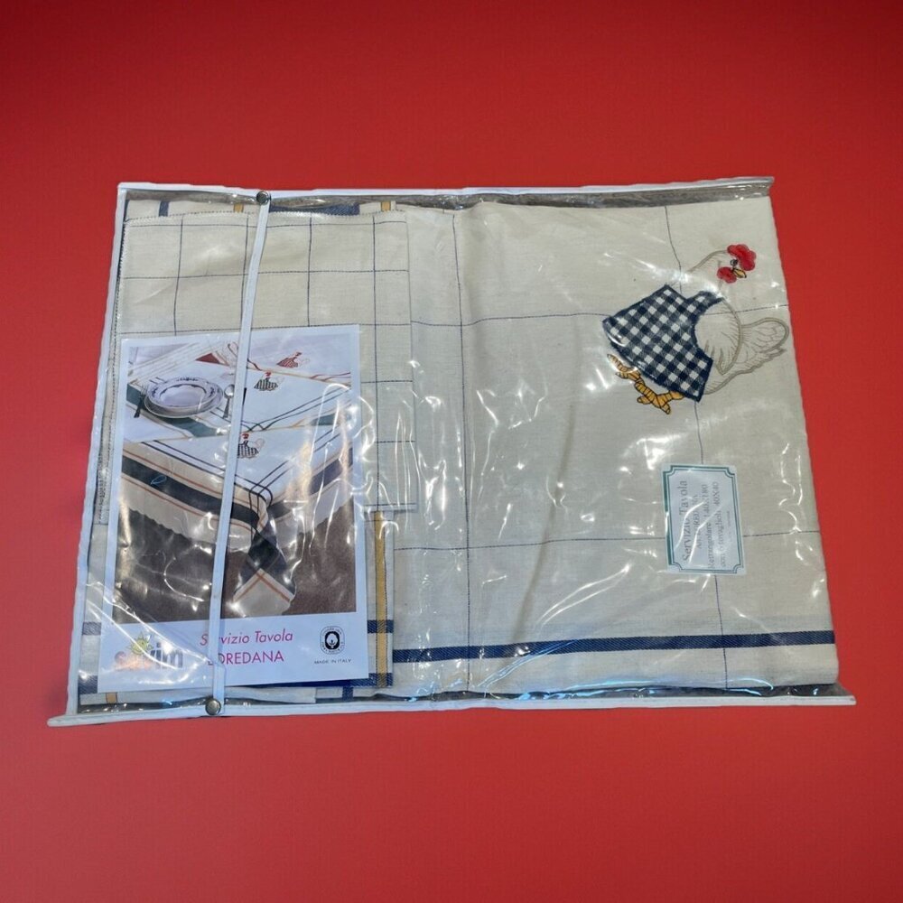 Savim Tablecloth & 6 Napkins Blue Check Rooster Chicken Cotton 56X71" Made Italy